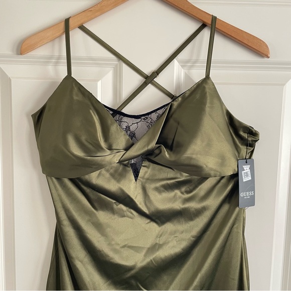 Guess Women’s Olive Satin Slip Dress Cross Back Straps Lace Trim Detail Cocktail - Picture 5 of 16